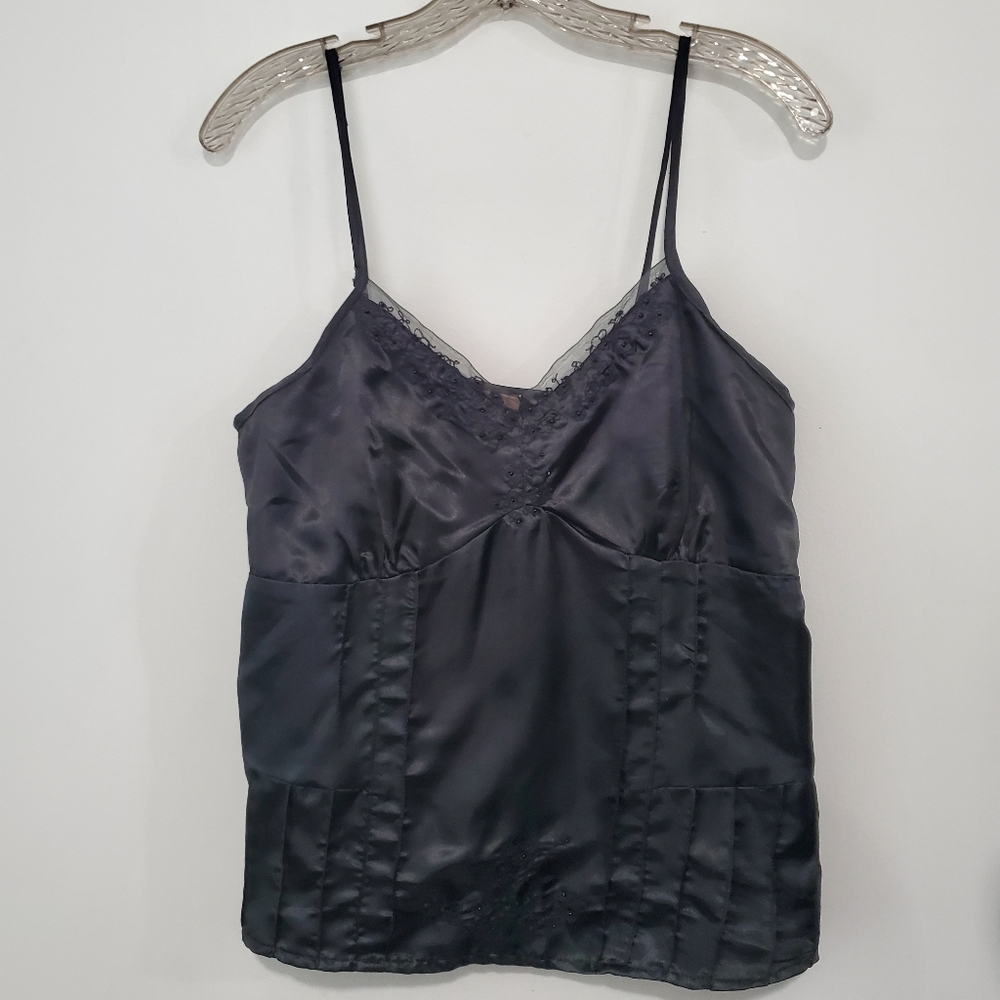 STO Y2K Vintage Black Silky Beaded Lace Trim Cami Top Whimsigoth FairyGrunge SzM